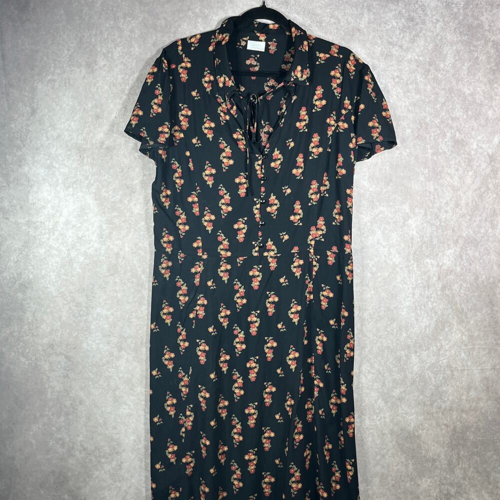 Abound Maxi Dress Womens Large Black Floral Tie Neck Short Sleeve Casual‎ Boho